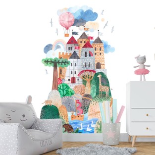 Papel pintado o fotomural ilustración castillo con globo acuarela Papel pintado o fotomural ilustración castillo con globo acuarela
