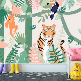 Papel pintado o fotomural ilustración animales selva Papel pintado o fotomural ilustración animales selva