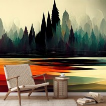 Papel pintado o fotomural ilustración vintage paisaje lago bosque