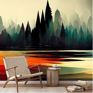 Papel pintado o fotomural ilustración vintage paisaje lago bosque