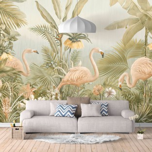 Papel pintado o fotomural ilustración selva y flamingos vintage