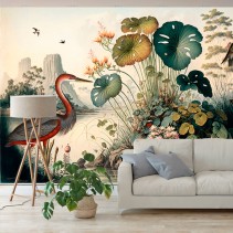 Papel pintado o fotomural vintage paisaje humedal aves