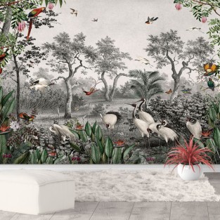 Papel pintado o fotomural paisaje plantas guacamayo y aves tropicales