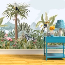 Papel pintado o fotomural paisaje con flamingo cebra y tucán