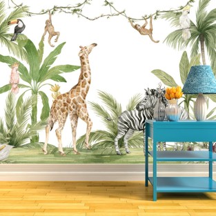 Papel pintado o fotomural paisaje tropical jirafa cebra tucán monos Papel pintado o fotomural paisaje tropical jirafa cebra tucán monos