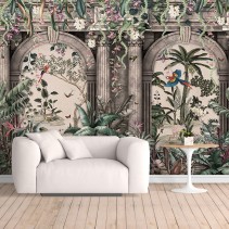 Papel pintado o fotomural ruinas con plantas y aves tropicales