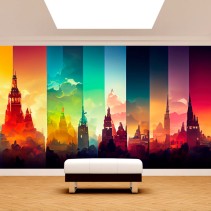 Papel pintado siluetas monumentos y catedrales coloridos