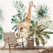 Papel pintado o fotomural pintura  jirafa y plantas en acuarela