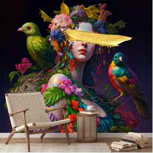 Papel pintado o fotomural pintura mujer con aves y flores