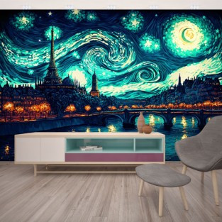 Papel pintado o fotomural skyline pintura parís estilo van gogh