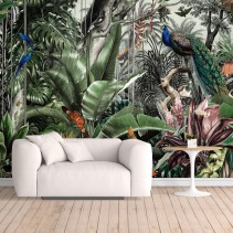 Papel pintado o fotomural selva tropical mariposa pavo real