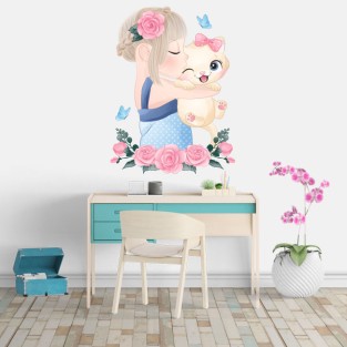 Vinilos infantiles niña con gata flores y mariposas