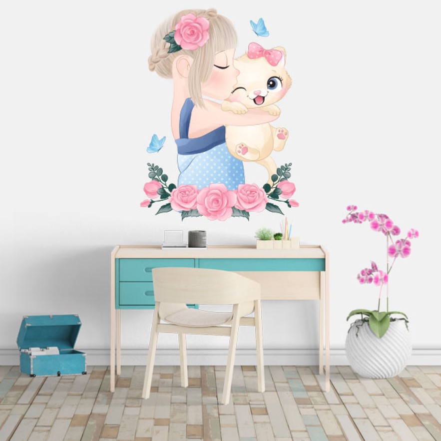 Vinilos infantiles niña con gata flores y mariposas