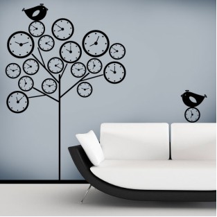 Vinilos decorativos árbol con relojes y pájaros