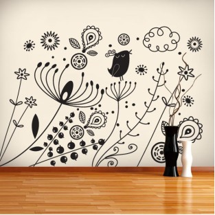 Pegatinas paredes dibujo arte floral con pajaritos