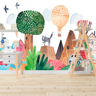 Fotomural ilustracion paisaje animales y globo Fotomural ilustracion paisaje animales y globo