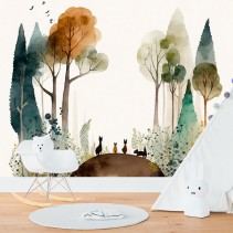 Fotomural o papel pintado bosque con gatos en acuarela