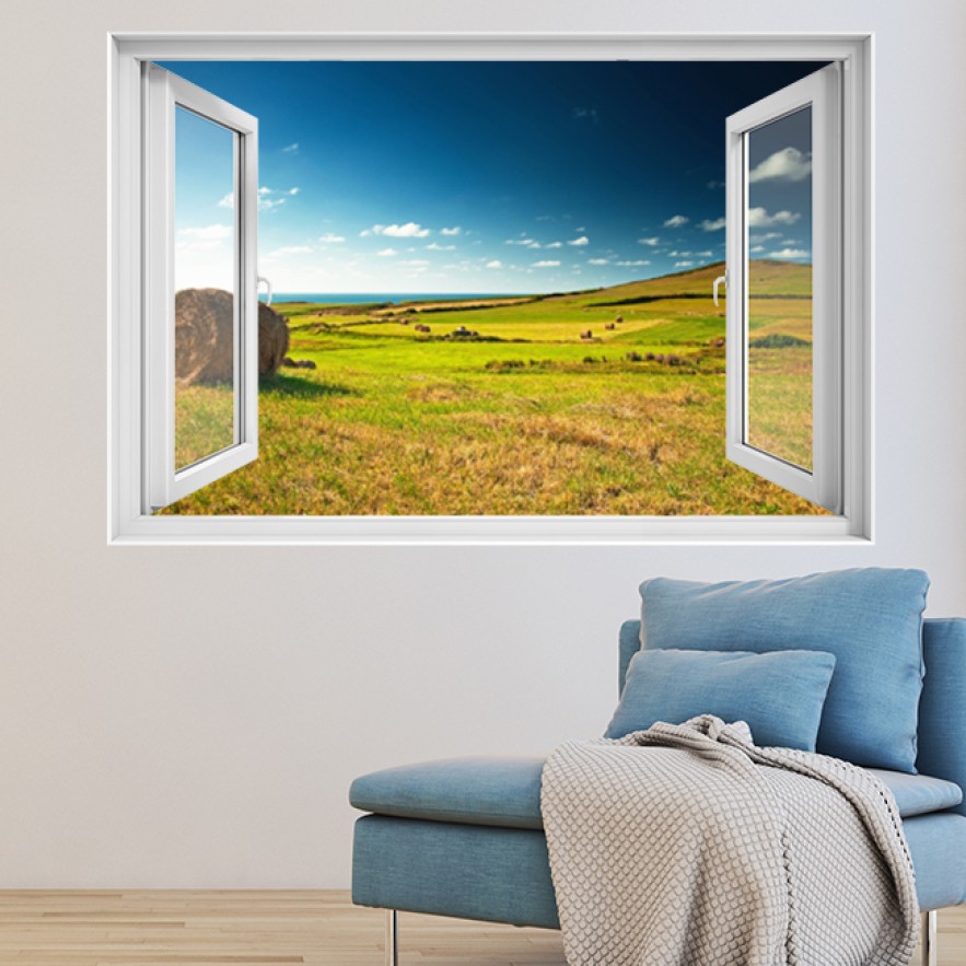 Ventana 3D Fardo de paja en el campo