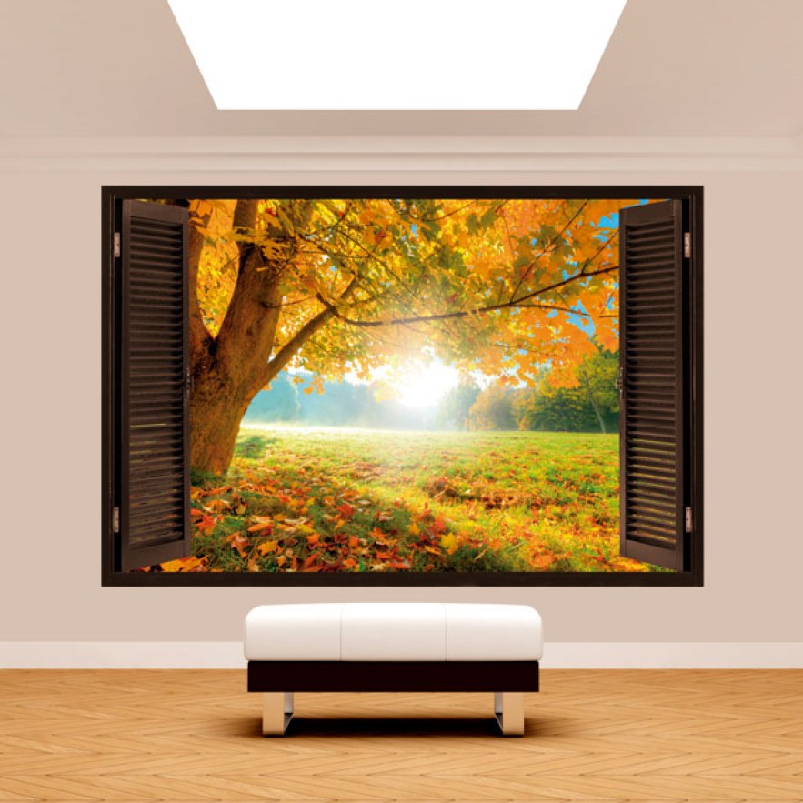Vinilo efecto ventana 3d árbol en el campo