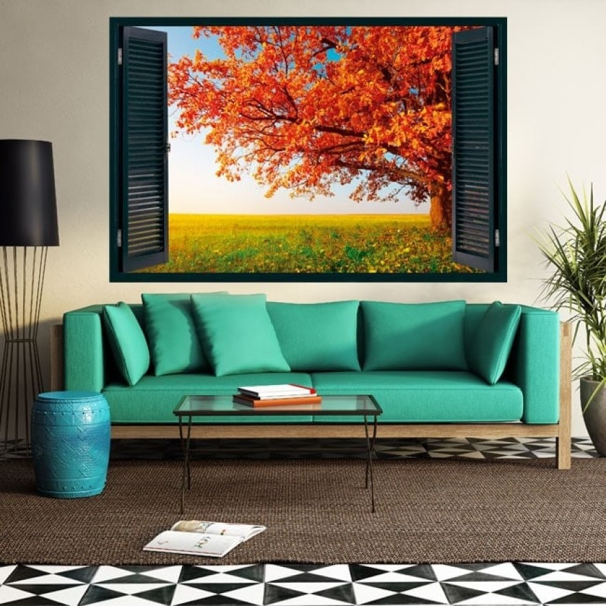Vinilo ventana 3d árbol otoño