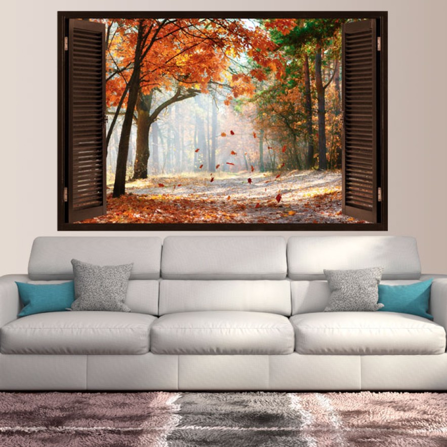 Vinilo efecto ventana 3d árboles carretera otoño