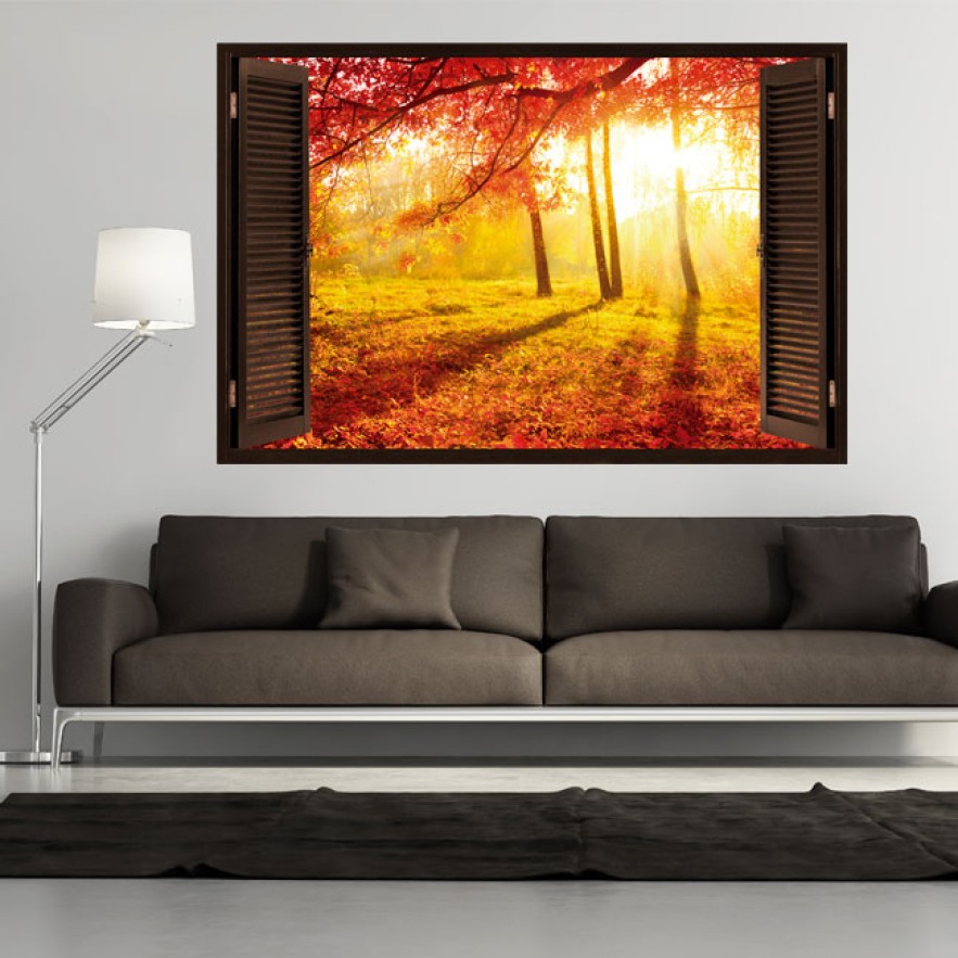 Vinilo ventana 3d árboles  al otoño atardecer