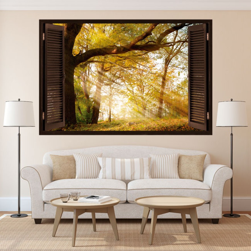 Ventana 3d árboles naturaleza otoñal