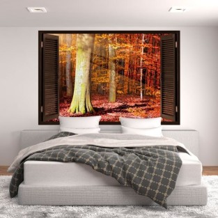 Vinilo efecto ventana 3d árboles otoño