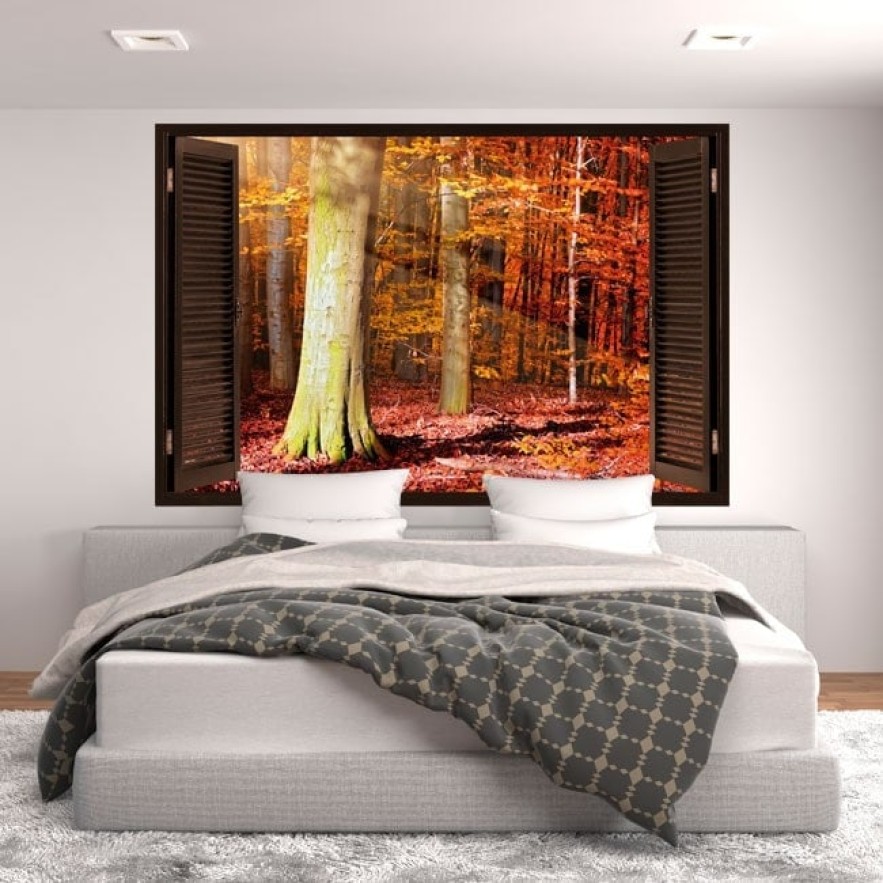 Vinilo efecto ventana 3d árboles otoño