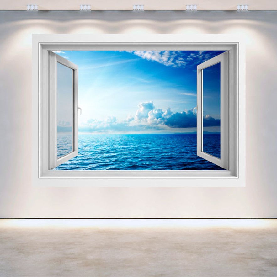 Vinilo efecto ventanas 3d atardecer en el mar