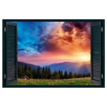 Vinilo efecto ventana 3d atardecer montañas