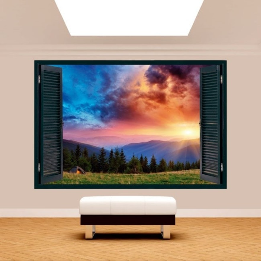 Vinilo efecto ventana 3d atardecer montañas