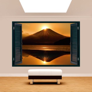 Vinilo ventana 3d atardecer monte fuji lago kawaguchi Vinilo ventana 3d atardecer monte fuji lago kawaguchi