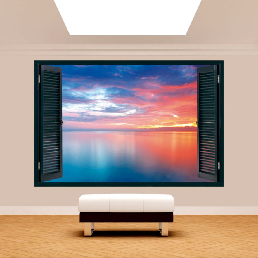 Vinilo efecto ventana 3d atardecer sol en la costa