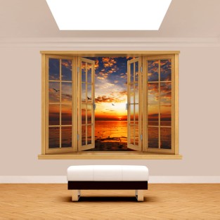 Vinilo efecto ventana 3d atardecer sol mar
