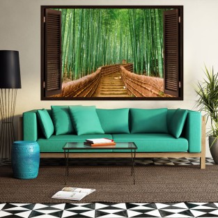 Vinilo ventana 3d paseo en bosque de bambú Vinilo ventana 3d paseo en bosque de bambú