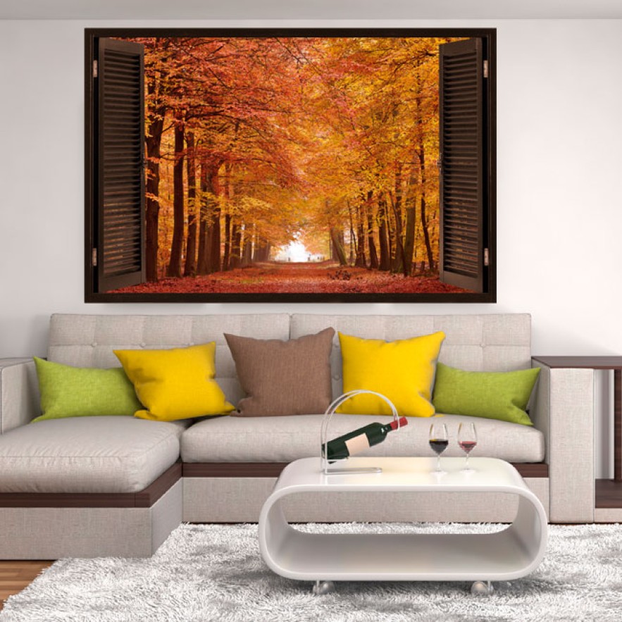 Vinilo ventana 3d camino y árboles otoño