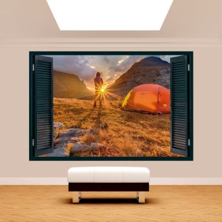 Vinilo ventana 3d acampar en las montañas atardecer Vinilo ventana 3d acampar en las montañas atardecer