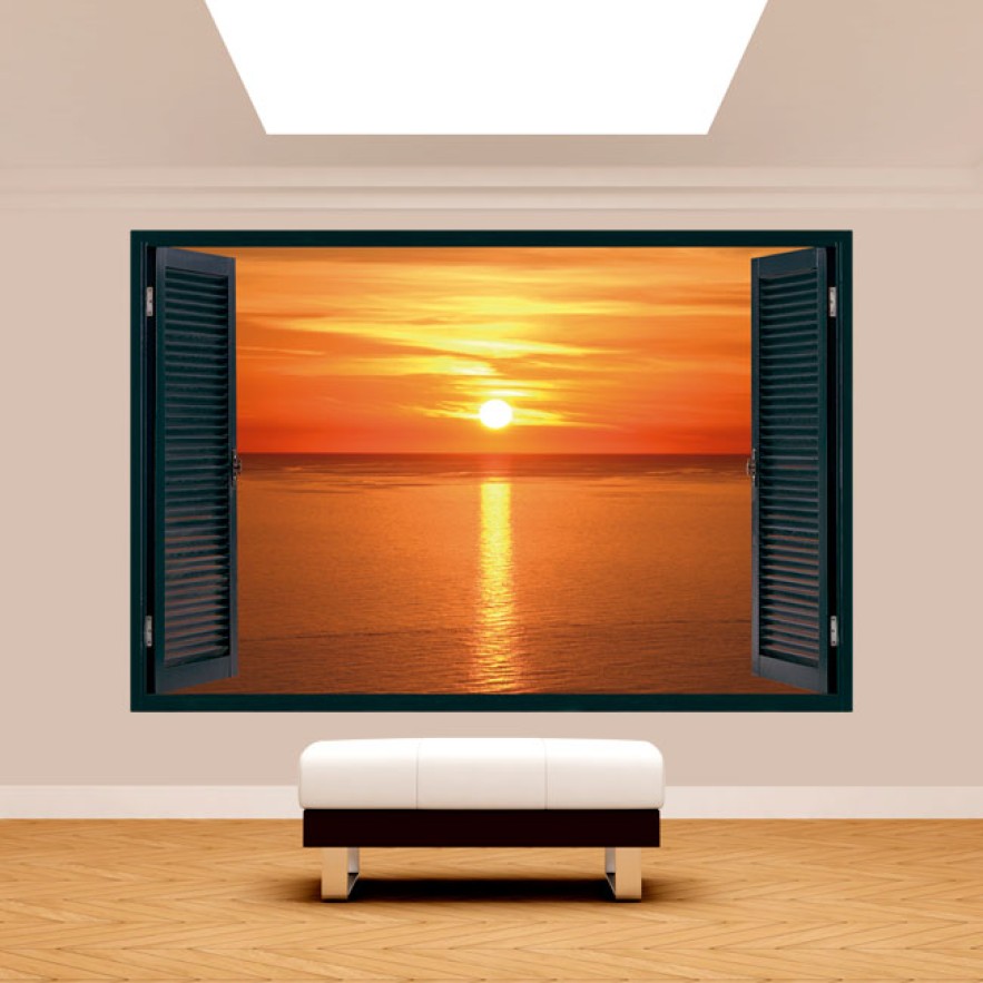 Vinilo efecto ventana 3d puesta de sol en el mar
