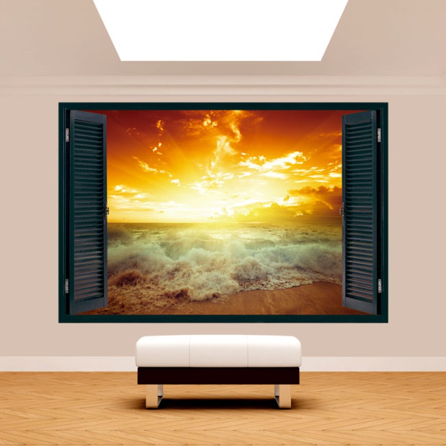 Vinilo ventana 3d sol al atardecer en la playa