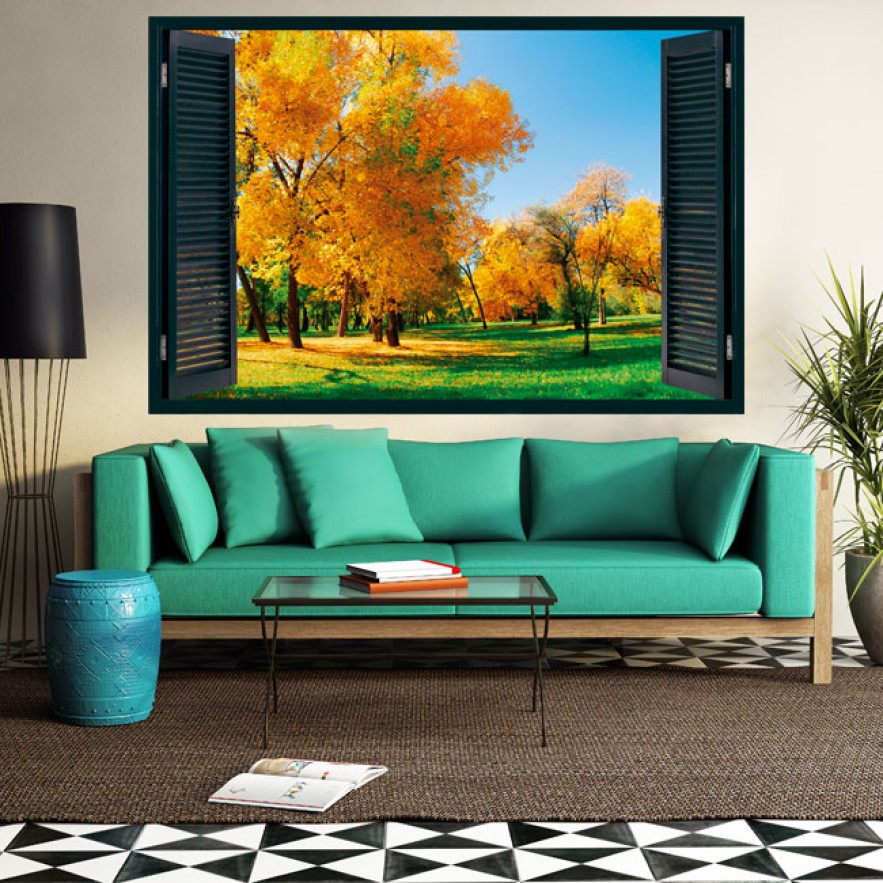 Vinilo ventanas 3d árboles en el campo en otoño