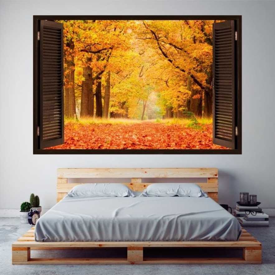 Vinilo efecto ventanas 3d árboles en otoño