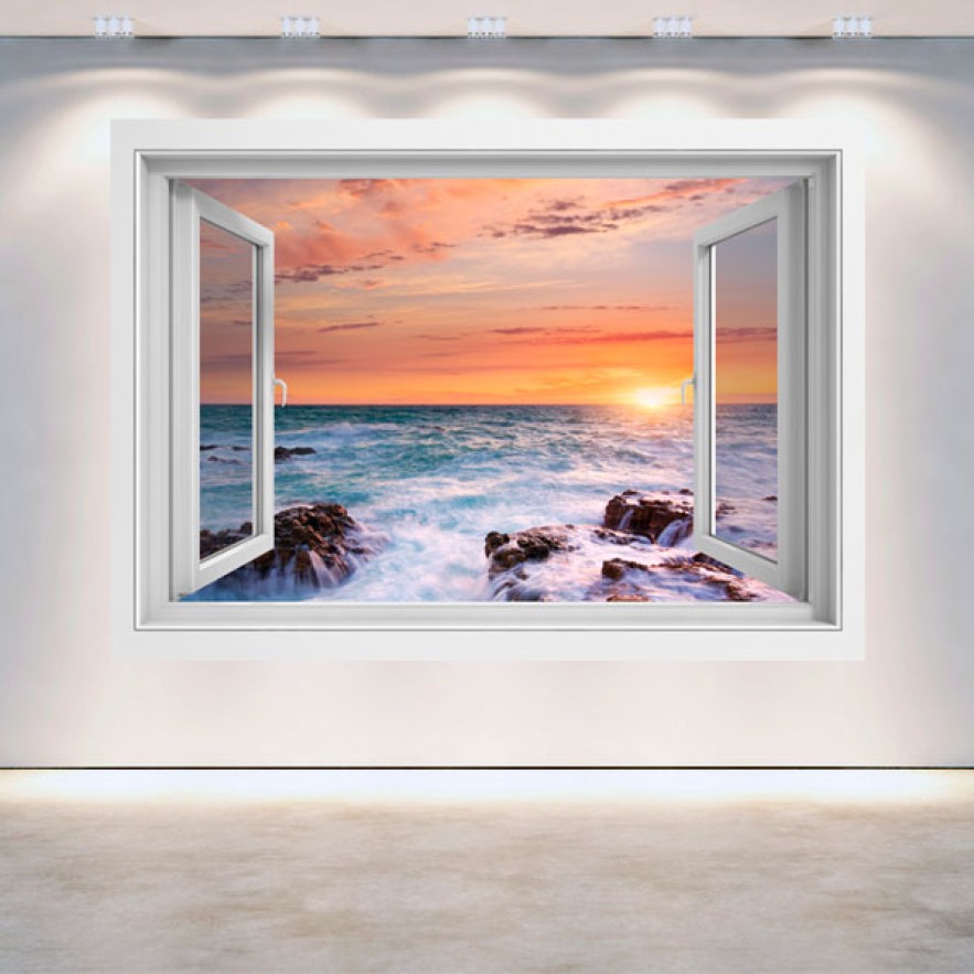 Vinilos ventana 3d atardecer en el mar con rocas