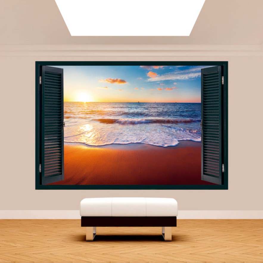 Vinilo ventanas 3d atardecer en la playa