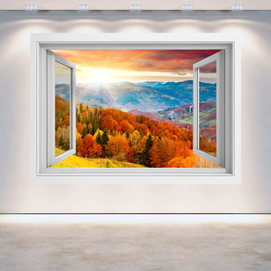 Vinilo ventanas 3d atardecer en las montañas