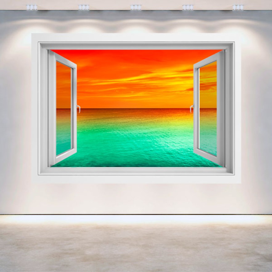 Vinilo efecto ventanas 3d atardecer mar