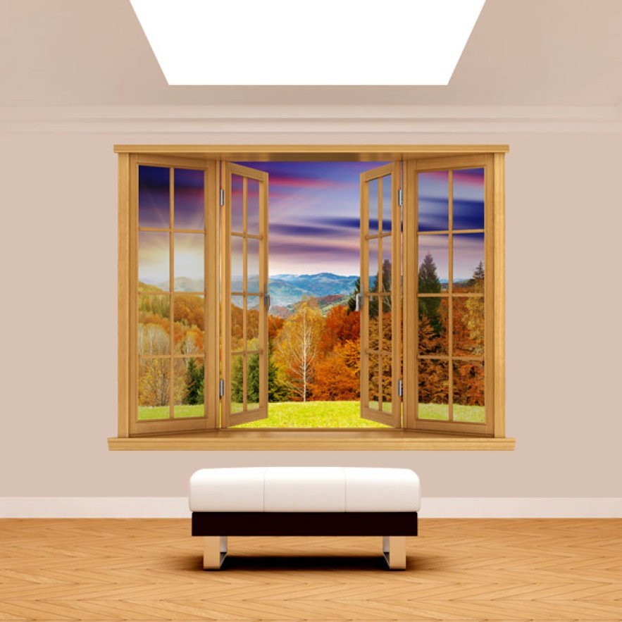 Vinilos ventanas 3d atardecer montañas