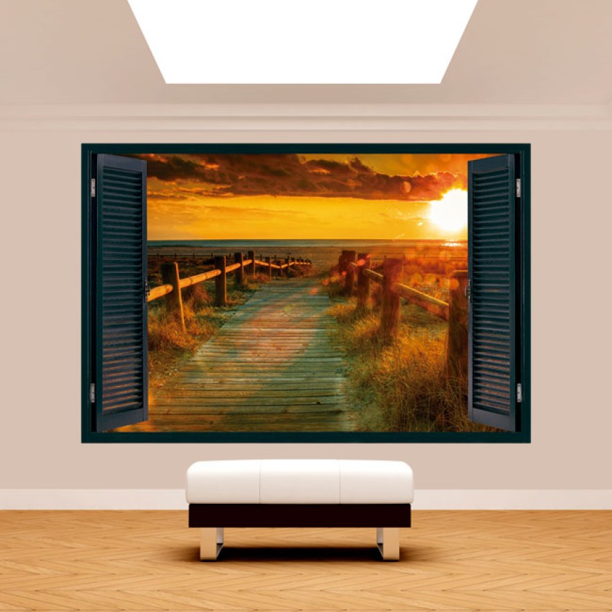 Vinilo efecto ventanas 3d atardecer playa