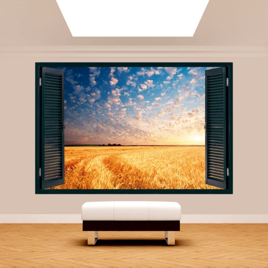 Vinilo efecto ventanas 3d atardecer en el campo