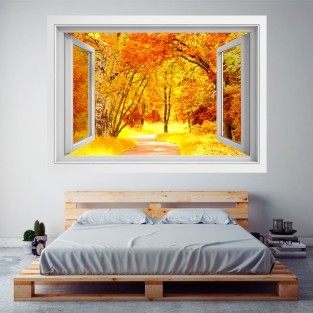 Vinilo ventanas 3d camino y árboles otoño